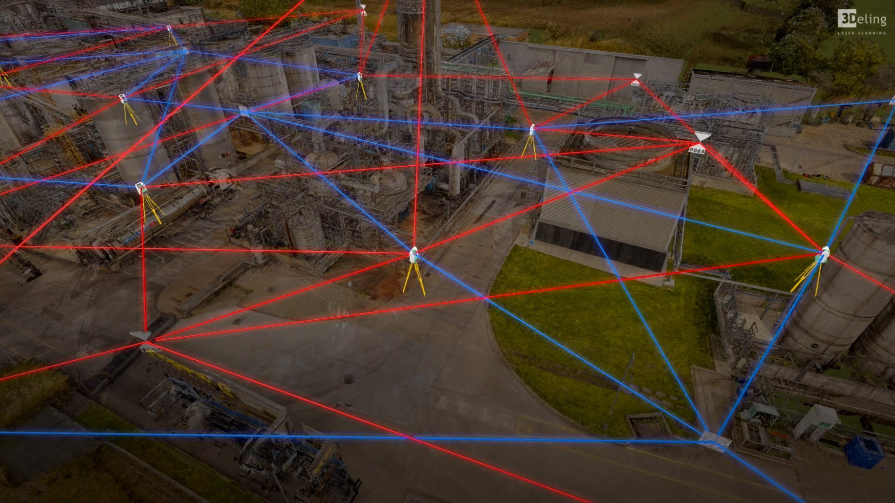 Control network and 3D laser scanning positions in an industrial plant digitalization project