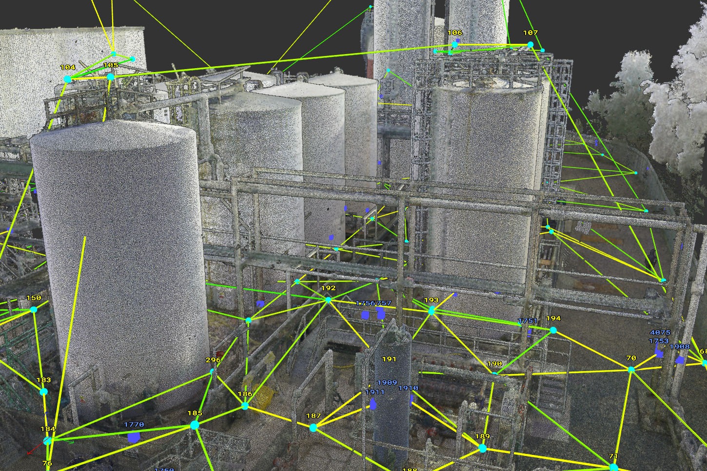Hybrid point cloud registration network showing connections between scan positions in 3Deling software