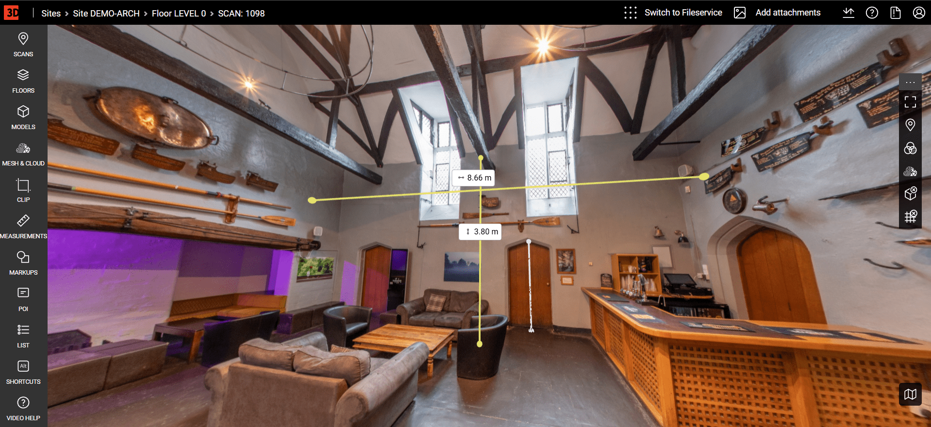 Webpano 360° interior elevation panorama with integrated measurement tools. 360-degree interior elevation panorama in Webpano’s browser-based software showing precise measurements for architectural coordination and millwork details.