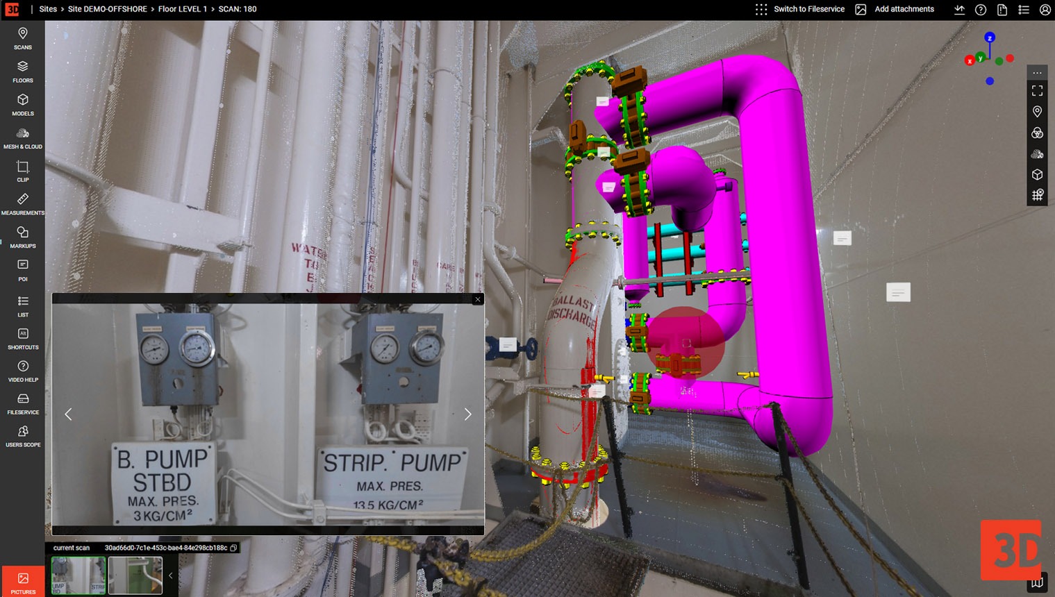 Webpano interface displaying 3D scan data for the Mini Pilot Program.
