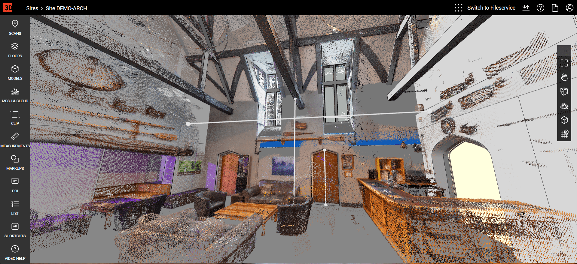 Digital twin model superimposed on point cloud data in Webpano. Webpano 360-degree panoramic view showing the digital twin model overlaid on captured point cloud data for visual comparison and accuracy analysis.